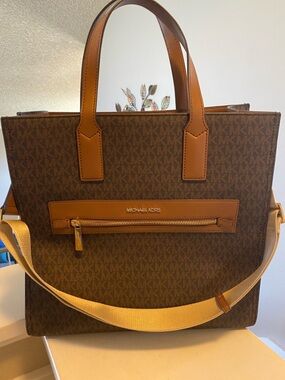 Michael Kors Brown MK Monogram Tote with Tan Leather Trim